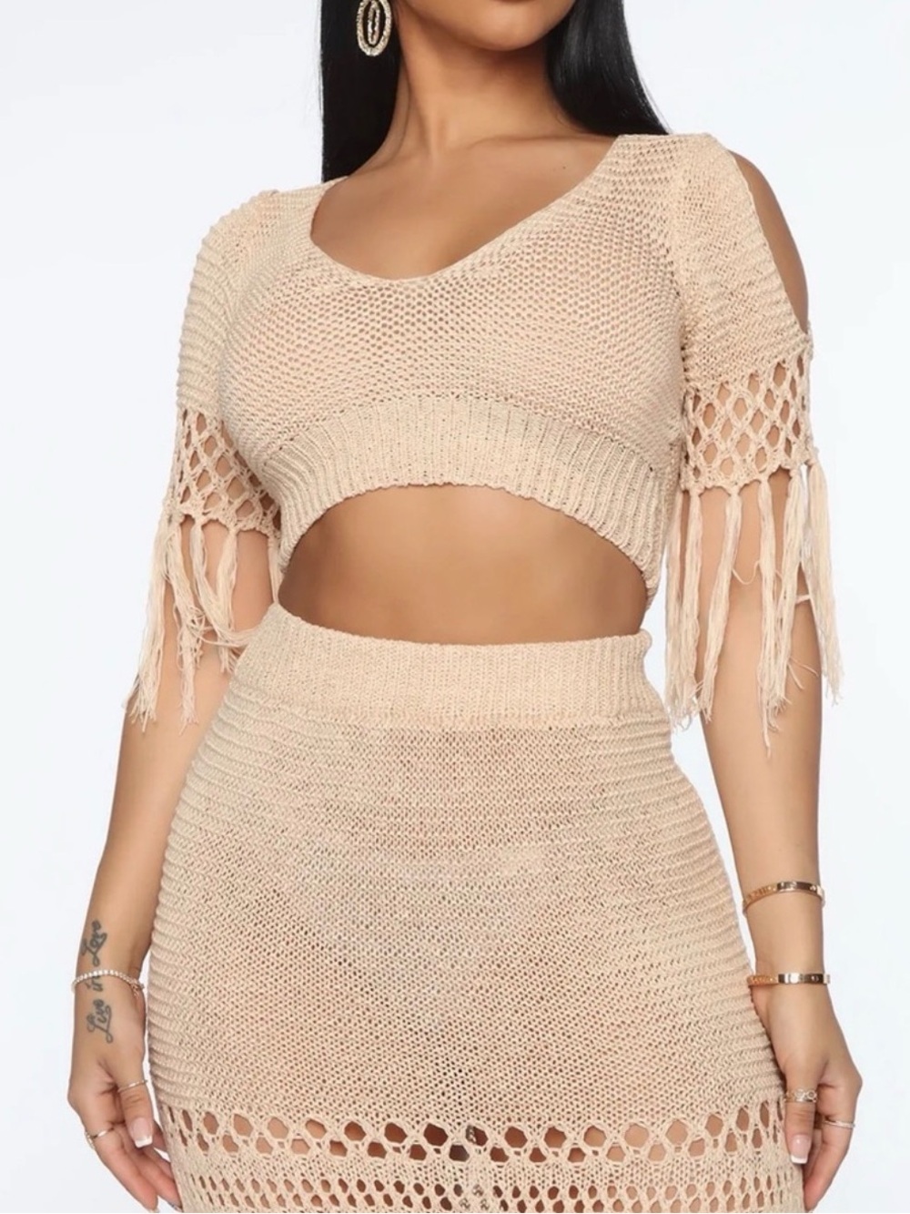 Fashion Nova Beige Crochet Pencil Skirt